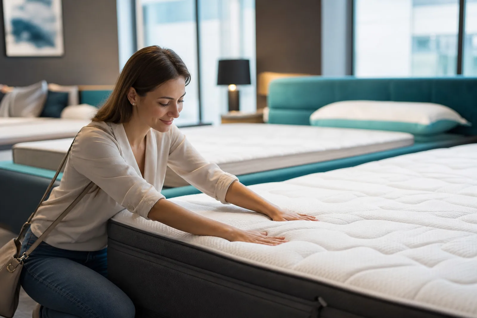 Femme testant le confort d'un matelas en magasin de literie.