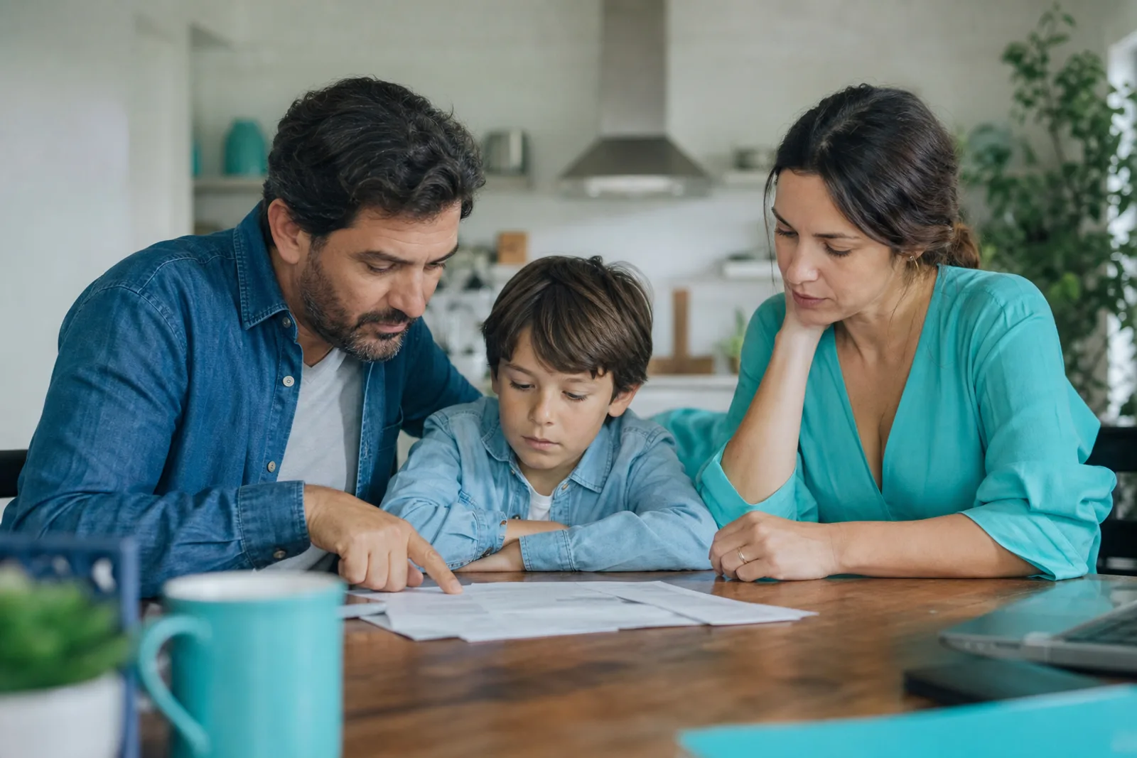 Parents et enfant examinant ensemble des documents d'assurance à la table de la cuisine.